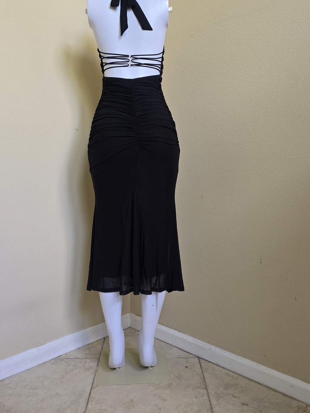 Ruched Black Midi Dress with Strappy Back